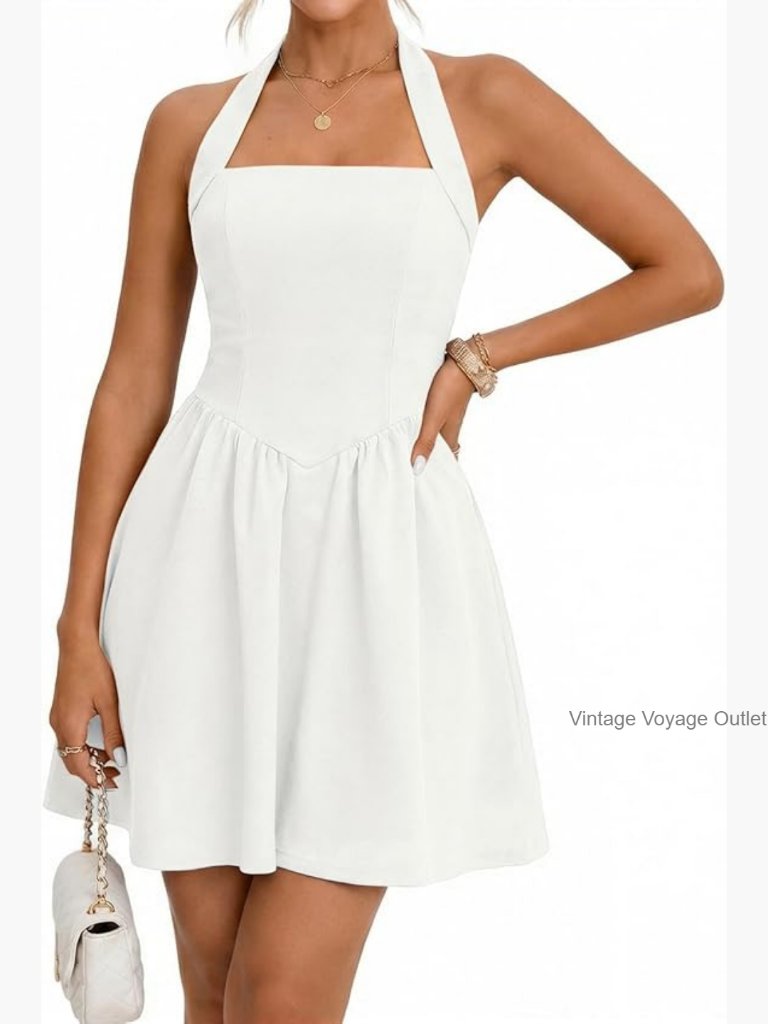 Summer Halter Mini Dress Ruched Waist A-Line Cocktail Party Graduation